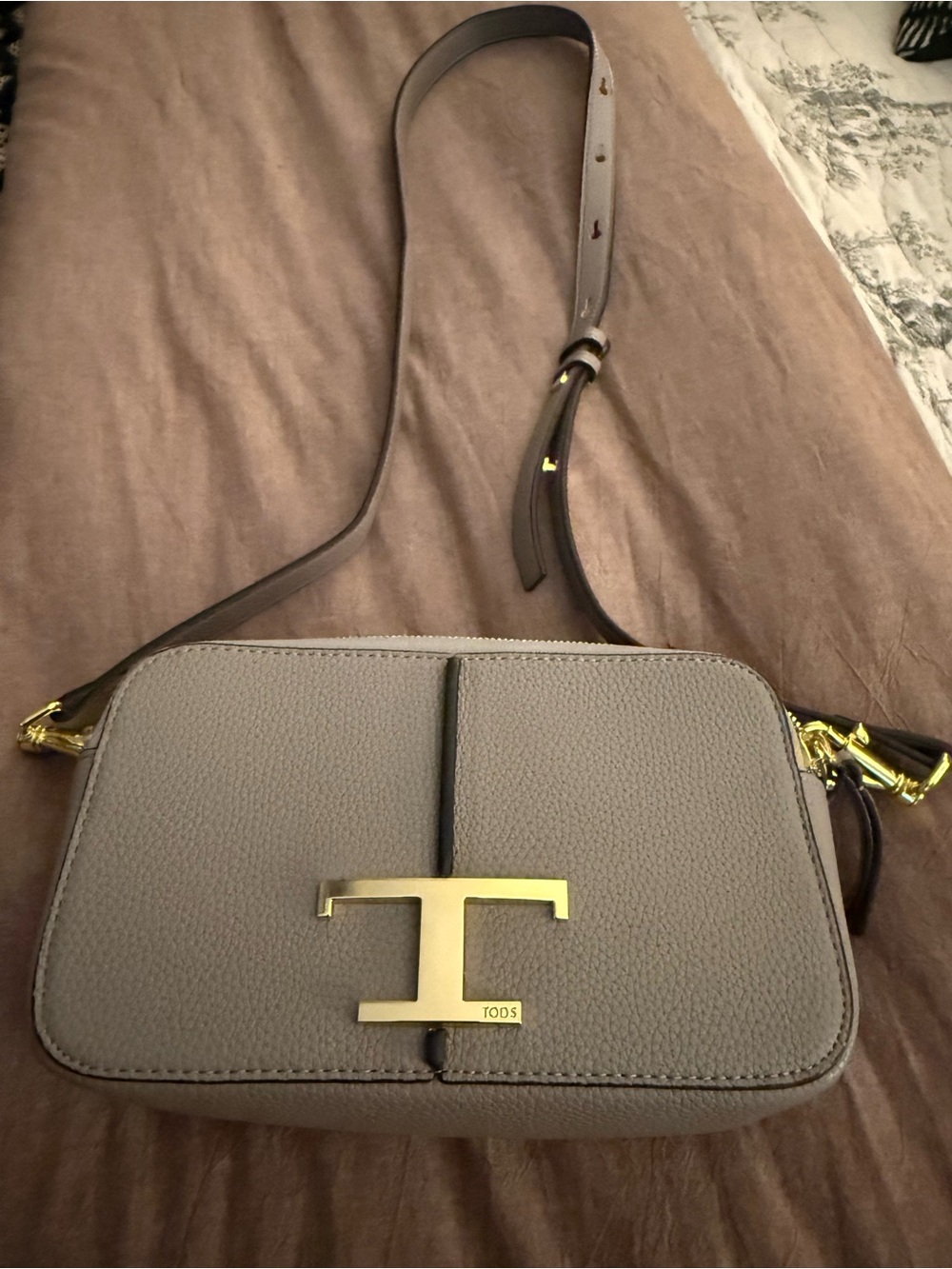 Fashion Taupe Pebbled Leather Crossbody with Gold T Logo
